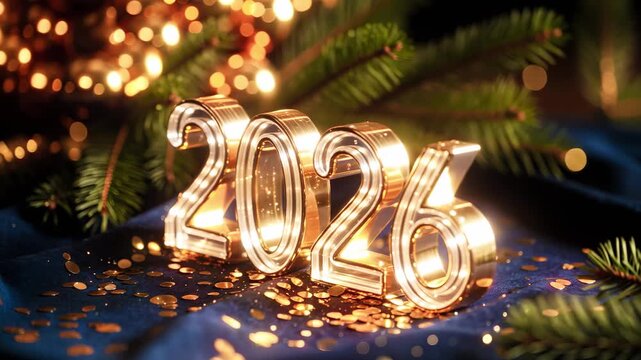 Shining Gold New Year Numbers 2026 on Dark Blue Velvet with Crystal and Confetti