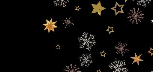 Festive background with gold stars and snowflakes on a black backdrop. Perfect for holiday designs.