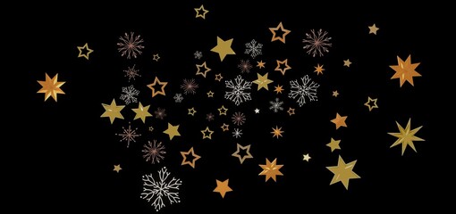 Beautiful image of gold stars and snowflakes on a black background. Perfect for holiday designs, cards, and more.