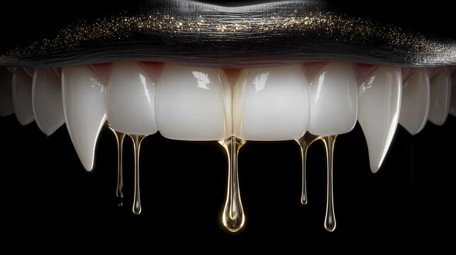 White Vampire Fangs with Dripping Golden Liquid &ndash; Dark Fantasy Concept on Black Background