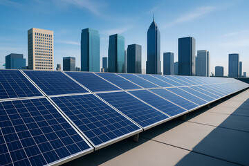 Obraz premium Rows of rooftop solar panels angled towards the sky, with office buildings and towers in the backdrop, representing clean energy and smart city innovation.