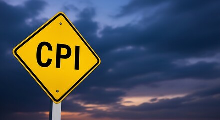 Yellow diamondshaped sign with the letters cpi in black, against a dramatic, cloudy sky at dusk, symbolizing economic indicators and potential financial challenges
