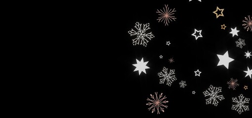 Elegant winter background with stars and snowflakes on a black background. Perfect for holiday designs.