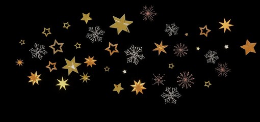 Beautiful image of gold stars and snowflakes on a black background, perfect for Christmas, New Year, and winter holidays.