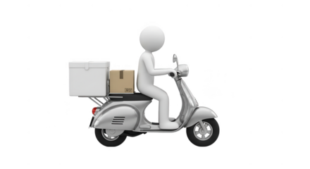 Delivery man riding scooter with boxes isolated on transparent background