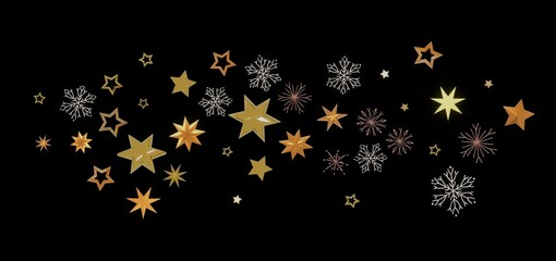 Beautiful Christmas background with golden stars and snowflakes on a black background. Perfect for holiday cards, invitations, and more.
