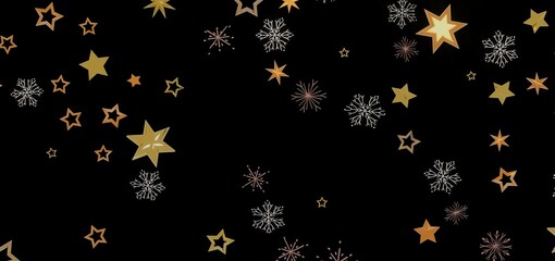 Beautiful background image featuring golden stars and snowflakes on a black background. Perfect for winter holidays.