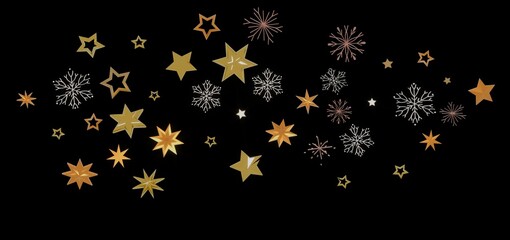 Beautiful image of gold stars and snowflakes on a black background, perfect for Christmas or New Year's designs.