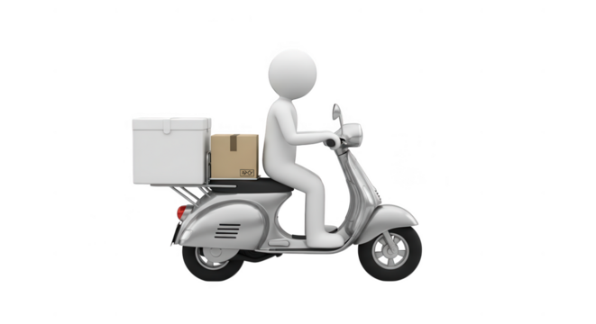 Delivery man riding scooter with boxes isolated on transparent background