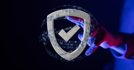 Hand interacts with a digital shield, symbolizing data security and protection.