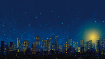 Sunshine in the Smart digital Innovation city with connection network reciprocity over the cityscape. of future smart wireless digital city and social media networking systems that connects