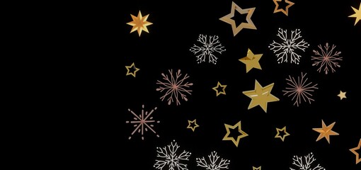 Festive holiday background with gold stars and snowflakes on a black background. Perfect for Christmas or New Year's designs.