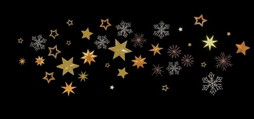 Beautiful image of golden stars and snowflakes on a black background, perfect for holiday designs.