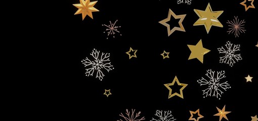 Elegant holiday background with gold stars and snowflakes on black. Perfect for Christmas, New Year, winter holidays.