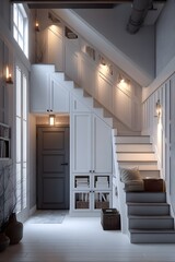 Minimalist white staircase with hidden storage and cozy entryway bench under stairs, modern interior design