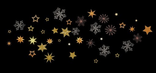Beautiful winter design with gold stars and snowflakes on a black background. Perfect for holidays.