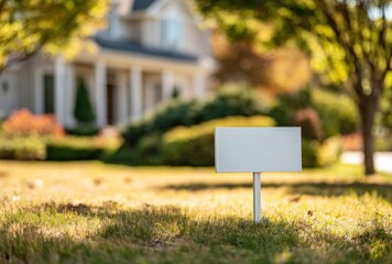 Empty sign on lawn in front of large, blurred suburban home. Warm, golden sunlight. Landscaped yard with trees and bushes. Peaceful, tranquil scene