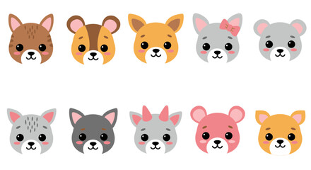 Obraz premium Collection of ten cute animal heads in cartoon style with various colors and shapes, concept for children's book illustration, sticker design and nursery d�cor