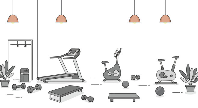 Line art illustration of a gym interior with equipment like treadmill, bike, weights, step, under hanging lights, concept for fitness center design, workout program and health promotion