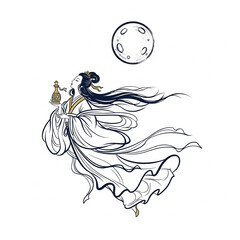 Chang'e beautifully ascends to the moon in traditional Chinese style, holding elixir of immortality