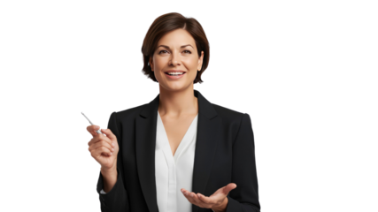 Confident Businesswoman Presenting Ideas, Smiling and Holding a Pen