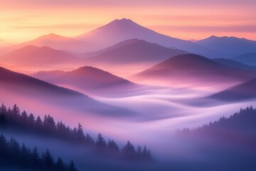 Fototapeta premium A serene landscape showcasing misty mountains at sunrise, with a palette of purple and pink hues reflecting tranquility and natural beauty.