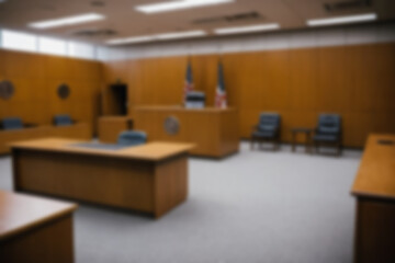 Blurred background of the interior of a modern courthouse, there is a judge's table and a suspect's seat in the room, bright light, no people.