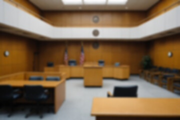 Blurred background of the interior of a modern courthouse, there is a judge's table and a suspect's seat in the room, bright light, no people.