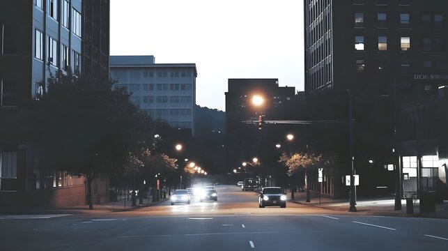 Peaceful urban nightscape with streetlights and buildings.