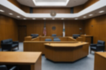 Blurred background of the interior of a modern courthouse, there is a judge's table and a suspect's seat in the room, bright light, no people.