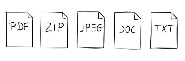 illustration: various hand-drawn document or file types: PDF, ZIP, JPEG, DOC, TXT data file icon set isolated on white or transparent png