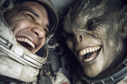 Halloween concept with a happy astronaut and alien creature