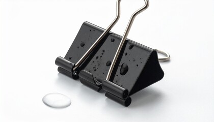 Render a black binder clip with triangular metal body and silver wire handles folded upward, isolated on white background, emphasizing mechanical simplicity, office utility, and minimalist design.