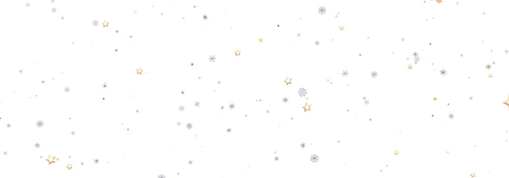 Elegant winter design with gold stars and silver snowflakes on white. Perfect for holidays.