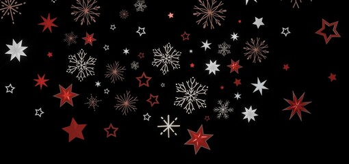 Festive holiday background with red and white stars and snowflakes on a black background. Perfect for Christmas, New Year, winter themes.