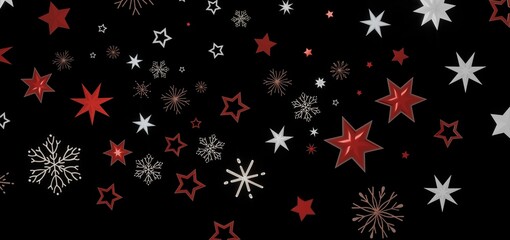 Festive winter background with red and white stars and snowflakes on a black background. Perfect for Christmas and New Year designs.