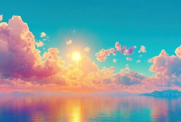 Sunrise over calm waters, painting the sky with hues of pink and orange as fluffy clouds drift peacefully over distant mountains