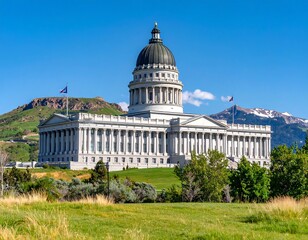 Grand capitol building, neoclassical style, sits majestically on a grassy hill, mountains in background
