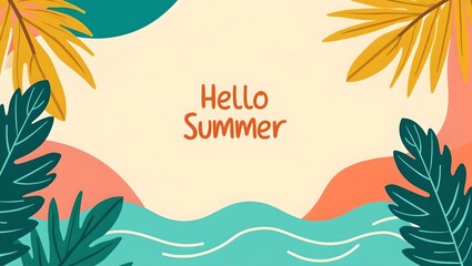 Playful summer sale banner with bold geometric shapes, tropical colors, palm leaves, and clean vector design.