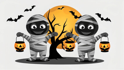 Two cartoon mummies holding jack o lanterns with bats and a moon in a halloween scene illustration silhouette
