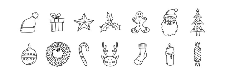 Black Christmas hand drawn set: gingerbread, candy, socks, star, candle, Santa Claus, Christmas decoration, reindeer, Christmas bauble.