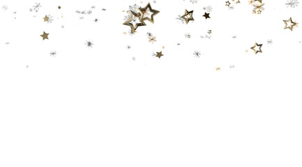 Elegant gold stars and snowflakes falling on white. Perfect for holidays, celebrations, and winter themes.