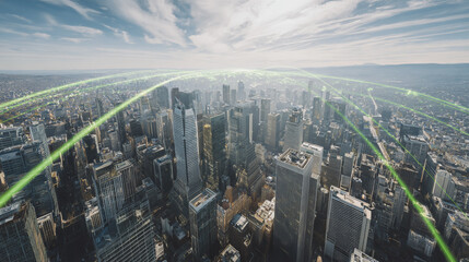 Fototapeta premium Sunshine in the Smart digital Innovation city with connection network reciprocity over the cityscape. of future smart wireless digital city and social media networking systems that connects