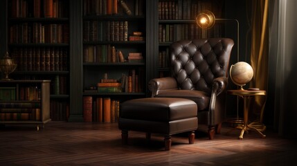 Book Lovers Concept. Cozy leather armchair in a dark, elegant library setting.