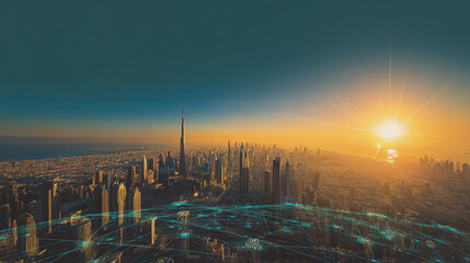 Naklejka premium Sunshine in the Smart digital Innovation city with connection network reciprocity over the cityscape. of future smart wireless digital city and social media networking systems that connects