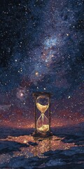 An hourglass sits on a reflective surface, silhouetted against a vibrant, starry night sky; the Milky Way stretches overhead
