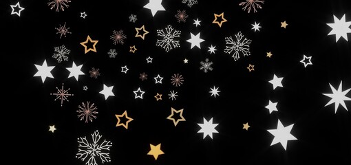 Festive background with white and gold stars and snowflakes on black. Perfect for winter holidays, Christmas, New Year.