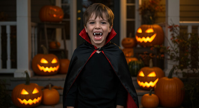 Boy wearing vampire cape with teeth on Halloween, festive celebration