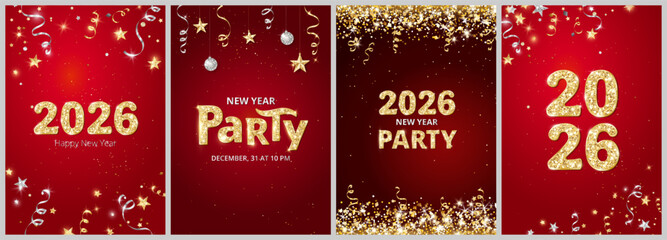 New Year 2026 vertical banners with golden glitter text on red background. Sparkling confetti, stars, and ribbons. For holiday flyers, party invitations, festive event promotions.