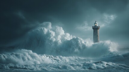 Lighthouse in stormy sea ocean waves seascape nautical beacon guidance safety navigation travel destination